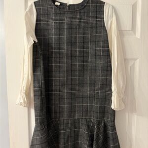 Plaid Drop-Waist Dress with White Long Sleeves